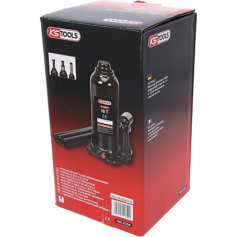 Schwarzer hydraulischer Flaschenwagenheber in einer Box. KS Tools Logo und 10T Aufdruck. Produkt- und Firmenbezeichnungen.